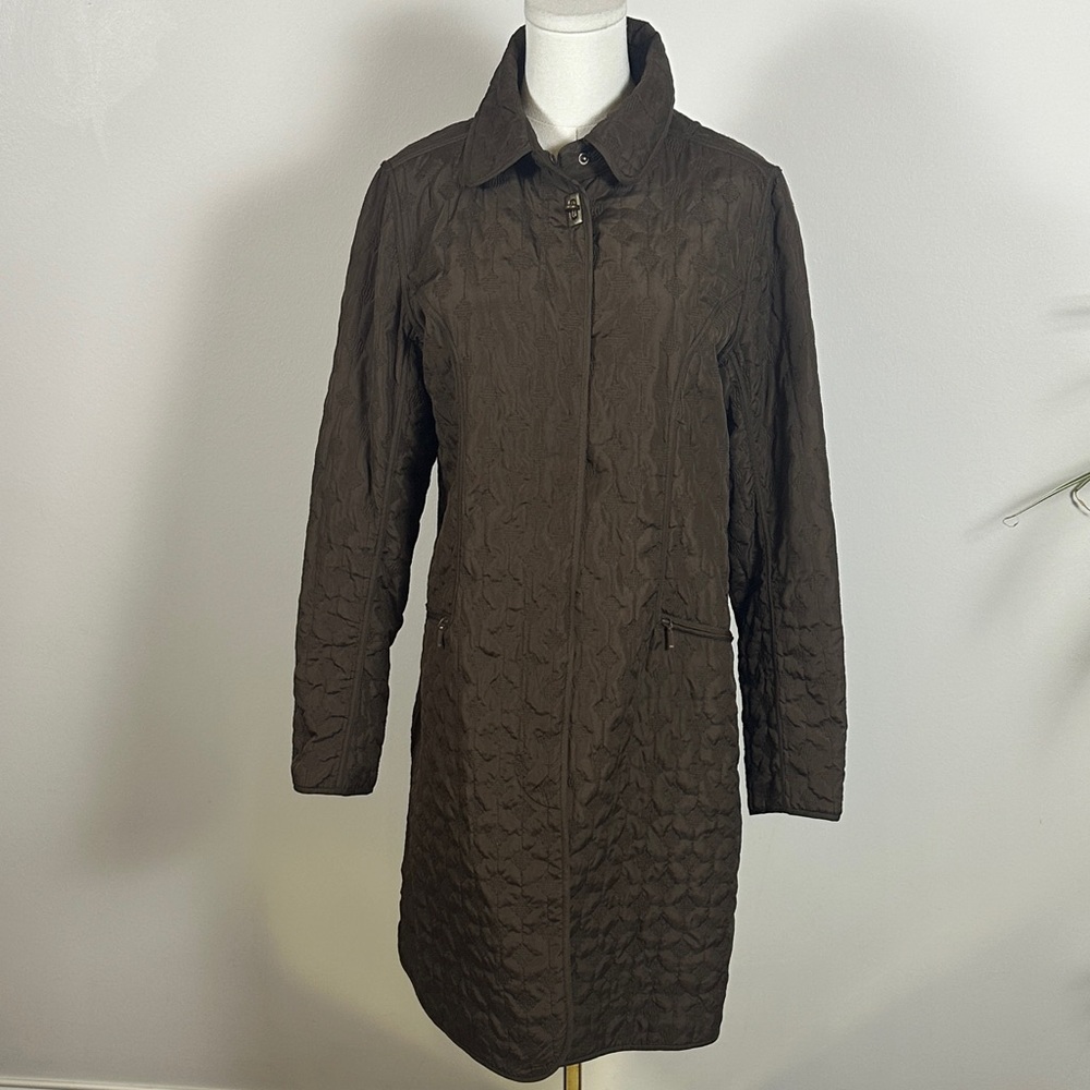 Vintage Chocolate Brown Lightweight Quilted Textured Mid Length Womens Coat Snap
